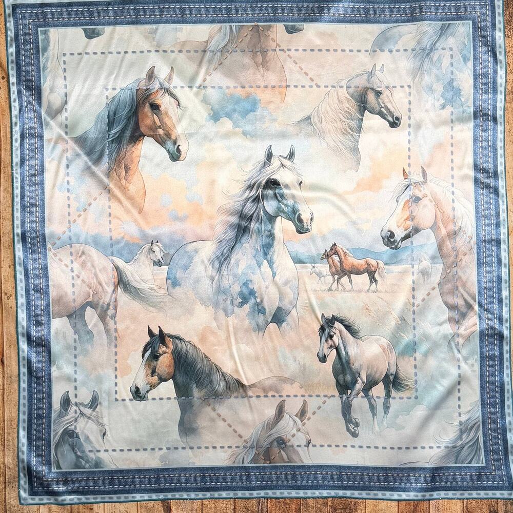 Avery Apparel Wild Horses Watercolor Print Scarf Blue 36x36